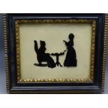 VINTAGE REVERSE PAINTED SILHOUETTE ON GLASS of two ladies by a tripod table, 12.5 x 16cms