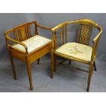 CIRCA 1900 STRING INLAID ARMCHAIR and a similarly inlaid box seat stool, 77cms H, 52cms W, 40.5cms