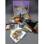 BOXED GLASS 'THREE IN ONE' CHESS SET and a mixed box of collectables