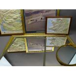 GILT FRAMED & OTHER MODERN WALL MIRRORS, two plastic relief maps and a photographic image of the