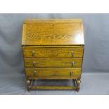 VINTAGE OAK FALL FRONT BUREAU, 95.5cms H, 63.5cms W, 37cms D