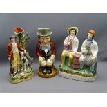 SARREGUEMINES TOBY JUG and two Staffordshire figurines including an early spillholder of a