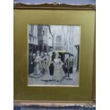 A PEREZ silkwork print - well-dressed figures in a Continental street scene, 23 x 19cms