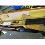 VINTAGE AIR RIFLE stamped 'Made in Hungary' in a homemade wooden case, .22 calibre with tins of