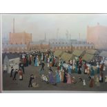 HELEN BRADLEY guild stamped print - titled 'Hollinwood Market', signed in pencil, 49 x 71cms