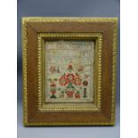 SMALL, POSSIBLY MID 19th CENTURY SAMPLER 14.5 x 11.5cms, no date, no name, mounted within a frame,