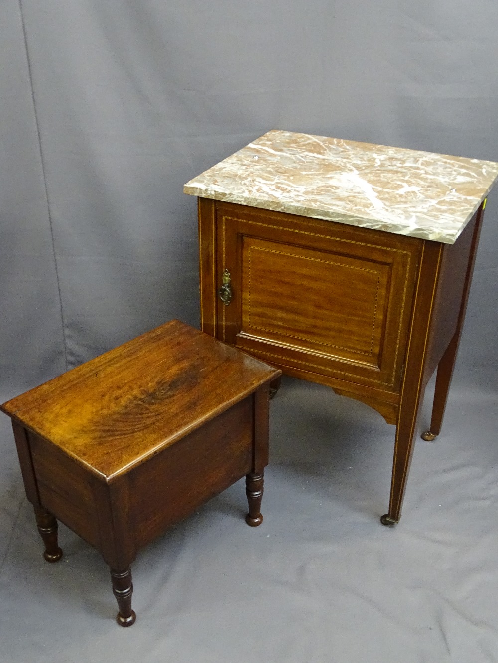 INLAID MAHOGANY WASH STAND with pink marble top and a lidded mahogany slipper box on turned