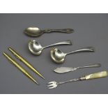 SILVER FLATWARE & PROPELLING PENCILS, a pair of silver ladles 1925, jam spoon 1921, a mother of