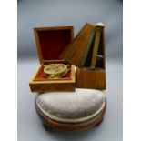 VINTAGE METRONOME, circular foot stool and a reproduction brass compass in a walnut lidded box