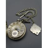 LONDON 1853 OPEN FACED SILVER KEYWIND POCKET WATCH and Albert chain with T-bar and fob, the silvered