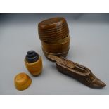 THREE ITEMS OF VINTAGE TREEN including a small carved shoe form snuff box and two barrel form