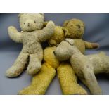 THREE VINTAGE TEDDY BEARS and a dog, including a musical circa 1950s bear, possibly Chiltern by