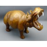 VINTAGE LEATHER HIPPOPOTAMUS after Dimitri Omersa, Abercrombie & Fitch, Liberty style with glass