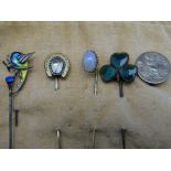 SELECTION OF FIVE STICK LAPEL PINS to include enamelled, Irish, fireopal, citrine, 1843 coin