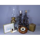 FIGURAL SLATE BASED LAMPS, carved mahogany wall barometer and other vintage items of interest