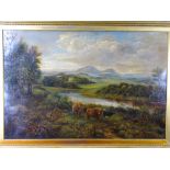 J WELSH oil on canvas - expansive landscape scene with country house in the distance and Highland