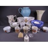 MIXED CHINA including three Portmeirion containers, a large blue Kensington pottery vase, a small