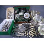 BOX OF MIXED ELECTROPLATED CUTLERY, a canteen of mixed bone handled cutlery and a parcel of