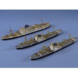 THREE WATERLINE MODEL SHIPS, one 666 scale in possibly painted papier mache and plastic, written and