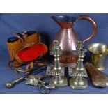 BRASS & COPPERWARE - a copper half gallon beer measure, pair of square base candle holders, a copper