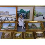 GILT FRAMED PICTURES & PRINTS, a quantity with an Oriental pottery mud man figurine