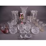PLAIN GLASS DROP LUSTRE VASES ON CIRCULAR BASES, a pair, a tall glass trumpet vase and other glass