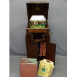 HIS MASTER'S VOICE MAHOGANY CABINET GRAMOPHONE with winder, additional needle sound box, needle tins