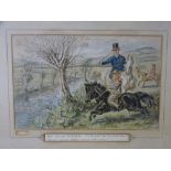 WATERCOLOUR HEIGHTENED PRINT - humorous hunting scene with handwritten title - 'Ruggles Hold Hard