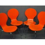 FOUR JULIAN BOWEN STYLISH CHROME & FORMED SEAT CHAIRS in red, 87cms H, 44cms W, 36cms D the seat