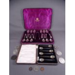 SILVER TEASPOONS, a fine boxed set of twelve all with tapered leaf etched handles and matching sugar