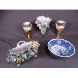 CONTINENTAL CHINA - two cherubic and floral bough pots and small oval bowl, a pair of square based