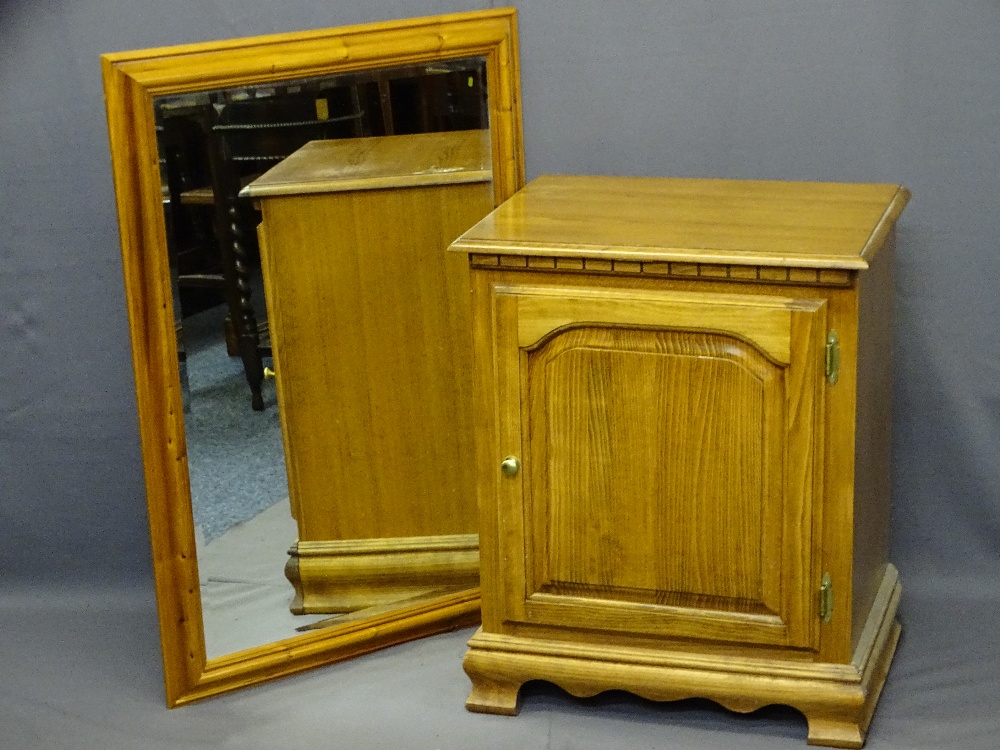 SINGLE DOOR LIFT-TOP STORAGE CABINET and a pine framed bevelled edged wall mirror, 77.5cms H,