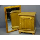 SINGLE DOOR LIFT-TOP STORAGE CABINET and a pine framed bevelled edged wall mirror, 77.5cms H,