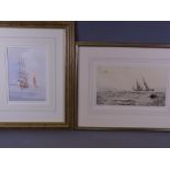 WILLIAM LIONEL WYLLIE etching - depicting boats in rough seas, 18 x 30cms and ALAN STARK watercolour