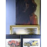 TWO OIL PAINTINGS and two vintage vehicle prints including a part profile of a naked woman, 153 x