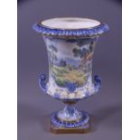 ROYAL CROWN DERBY CAMPANA VASE, 17cms H, decorated in tonal blues and gilt highlighting to a white