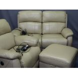 LEATHER THREE PIECE LOUNGE SUITE, mushroom colour to include two seater electric recliner couch,
