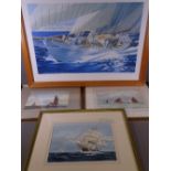 ARTHUR KING watercolours, three - maritime studies, titled 'Sailing Barges in Thames Estuary',
