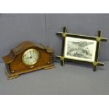 VINTAGE OAK CASED MANTEL CLOCK and a 19th century engraving in a gilt and ebonized frame