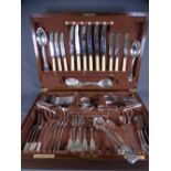 LARGE POLISHED CANTEEN OF CUTLERY, some mixed knives with bone handles