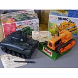 TRIANG MINIC CLOCKWORK BULLDOZER & SHERMAN TANK in original boxes