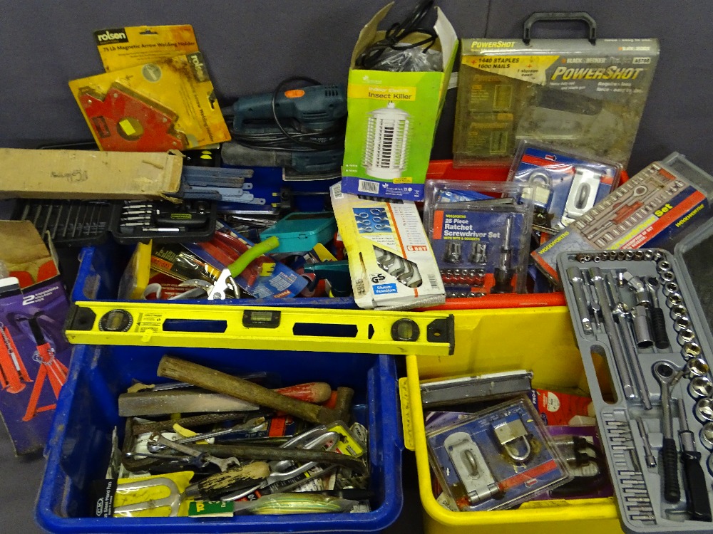 VARIOUS GARAGE & WORKSHOP TOOLS in four plastic tubs to include axle stands, screwdriver bit set,