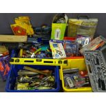 VARIOUS GARAGE & WORKSHOP TOOLS in four plastic tubs to include axle stands, screwdriver bit set,