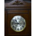 VINTAGE OAK TRIPLE WEIGHT CHIME STRIKE LONG-CASE CLOCK, the silvered dial with slightly stylized