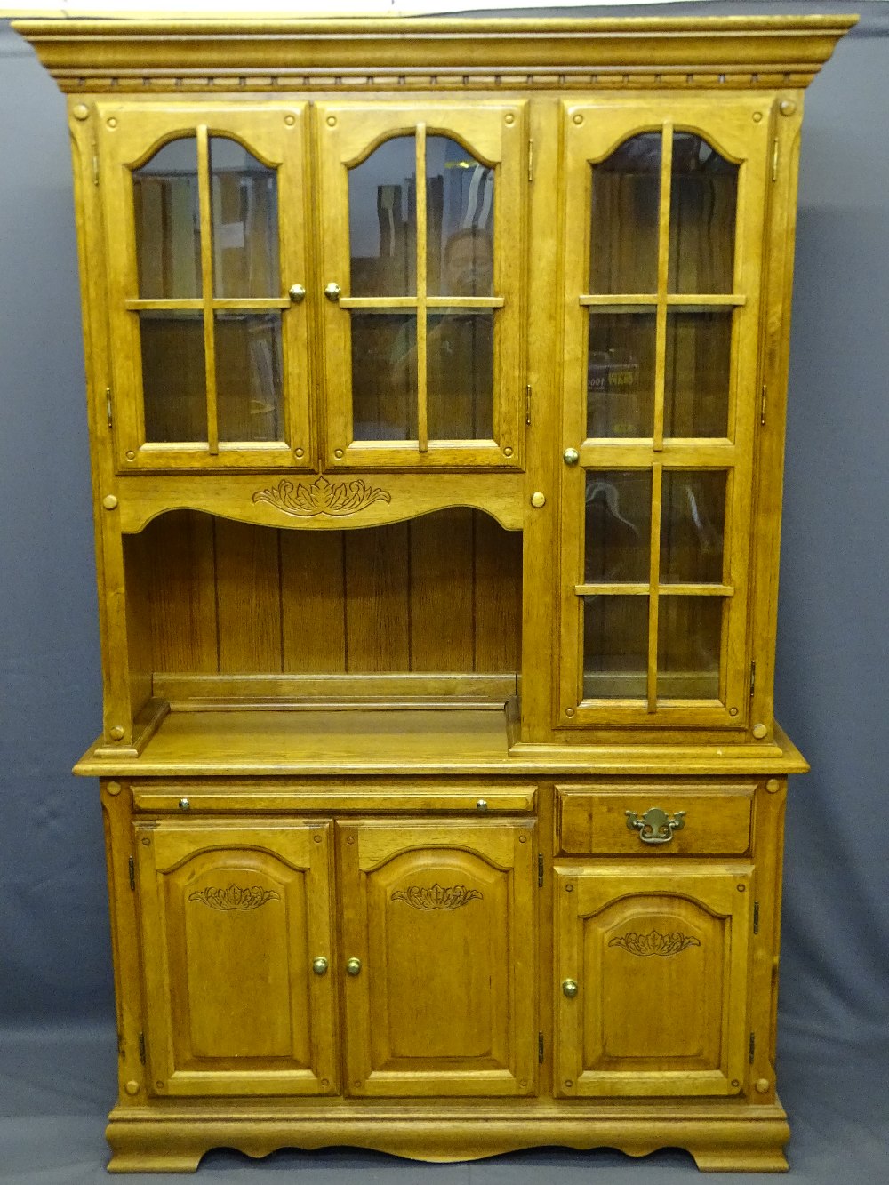 CONTINENTAL OAK EFFECT SIDEBOARD with display cabinet top, 203cms H, 131cms W, 43.5cms D