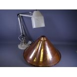 RETRO STYLE CIRCULAR BASED ANGLEPOISE LAMP and three large beaten copper conical rice hat shaped