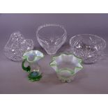 VINTAGE CUT & OTHER GLASSWARE, a quantity including a green and Vaseline glass, frill edge jug and