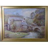 JOHN PEDDER watercolour - attractive rural scene with farmstead, bridge and farmer with donkey and