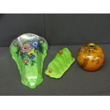 GREEN & FLORAL MALING WALL POCKET, an Arthur Wilkinson lustrous narrow necked bowl (chipped rim) and