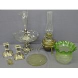 PAIR OF SHORT STEMMED ELECTROPLATED CANDLE HOLDERS, a glass and electroplated epergne (vase damaged)